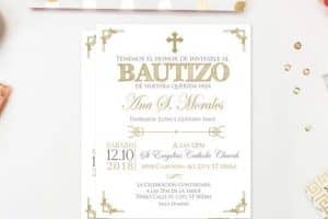 invitaciones de bautizo blanco con dorado con muchos detalles